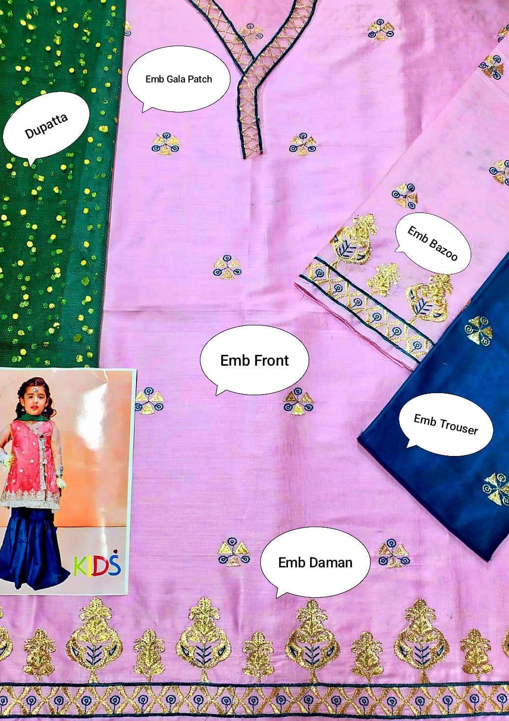 Pink embroidered outfit with labeled parts on a pink background