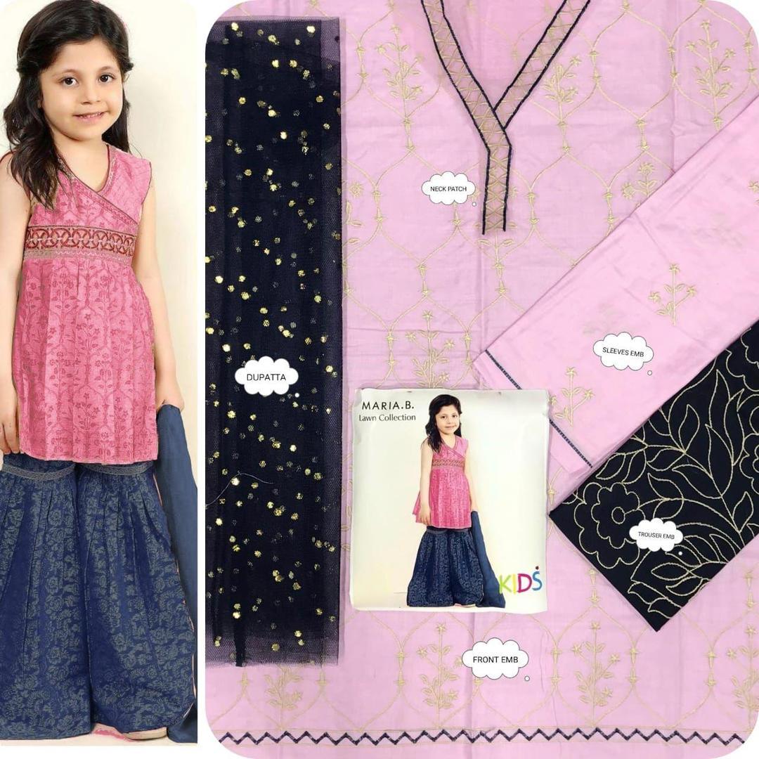Young girl wearing a pink top and blue pants with a pink fabric swatch and product card.
