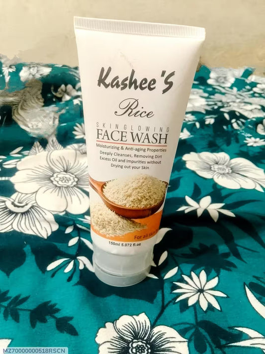 Kashee's Rice Skin Glow Face Wash tube on a floral fabric background