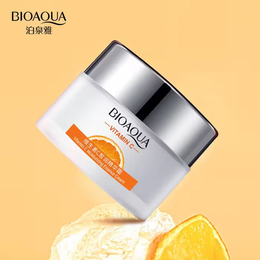 BIOAQUA Vitamin C cream jar with orange slices on a beige background