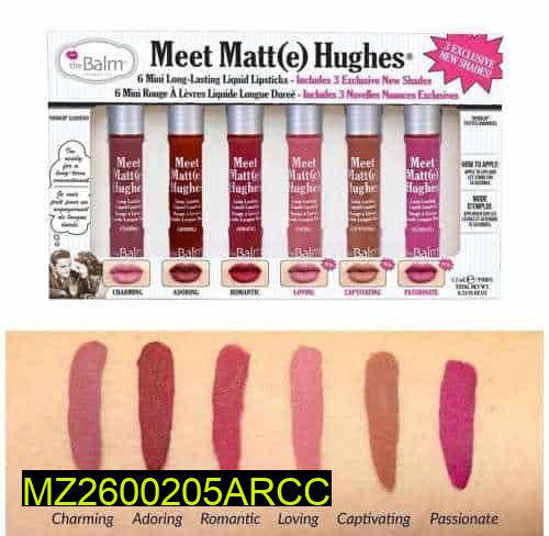 TheBalm Meet Matt(e) Hughes lipstick set with packaging and swatches on a beige background.