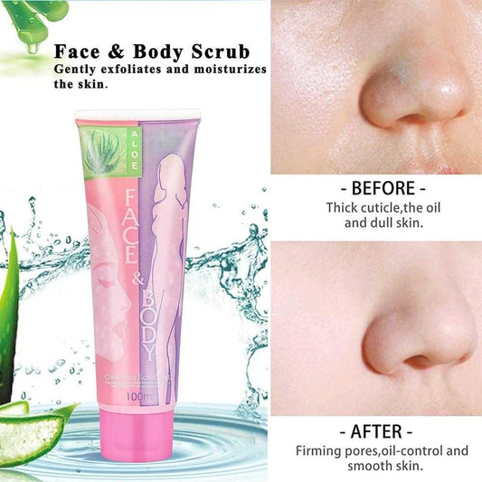 Tube of face and body scrub with before and after effects on skin