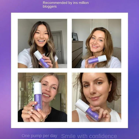 Four women holding a skincare product with a purple background and text about recommendations from bloggers.
