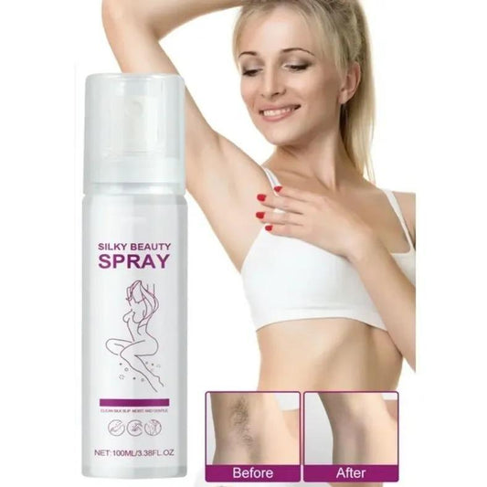 Silky Beauty spray bottle with a woman showing her armpit, before and after comparison, on a white background.
