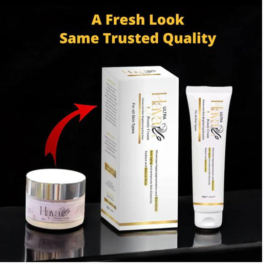 Hava skincare products including a jar, box, and tube on a black background with text 'A Fresh Look Same Trusted Quality'.
