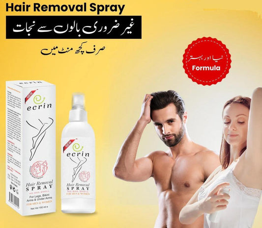 Ecrin hair removal spray with packaging and promotional images of a man and woman on a yellow background.
