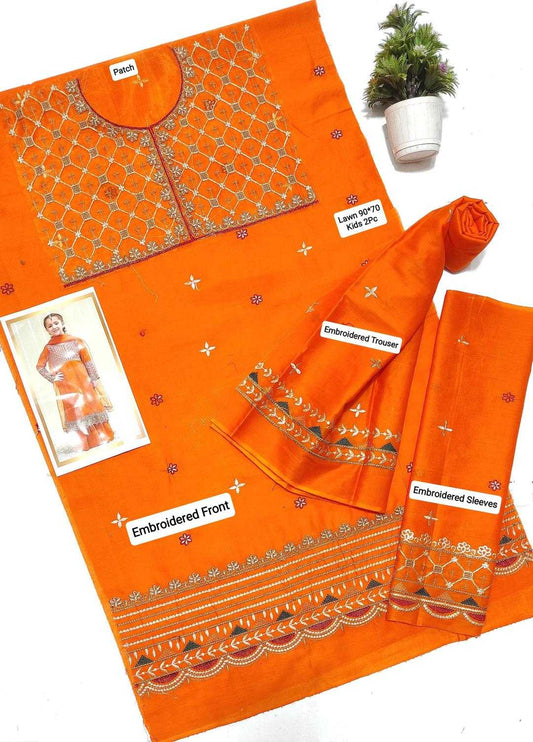 Orange embroidered traditional outfit with labels on a white background