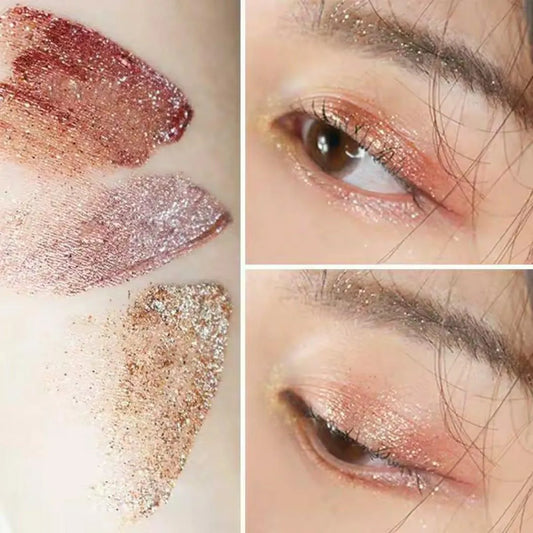 Makeup swatches and application on eyes with glittery eyeshadow.