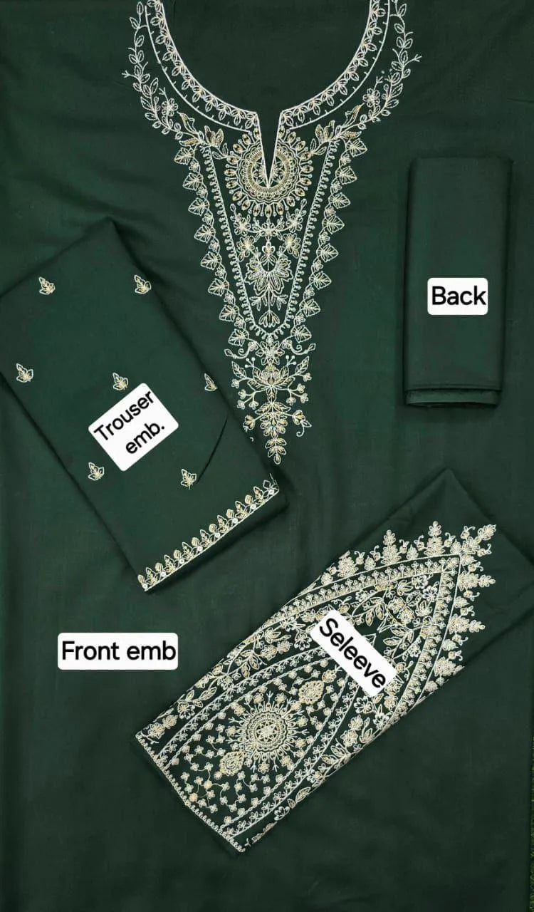 Green fabric with silver embroidery labeled 'Front emb', 'Back', and 'Sleeve'.