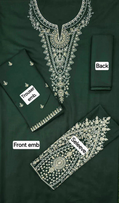 Green fabric with silver embroidery labeled 'Front emb', 'Back', and 'Sleeve'.