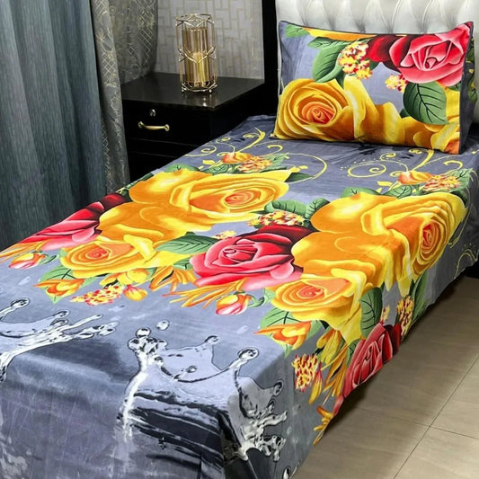 Floral bedspread with colorful roses on a bed in a bedroom setting.