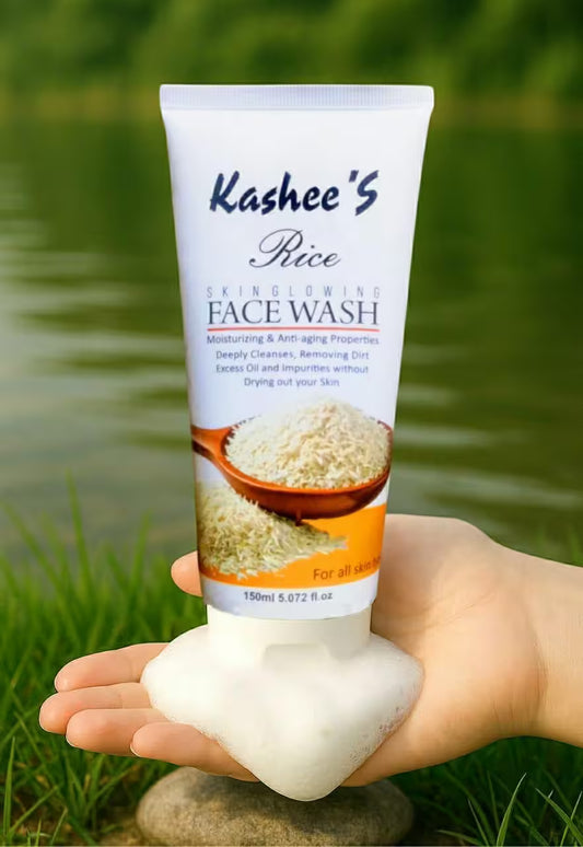 Tube of Kashee's Rice Skin Glow Face Wash held in a hand with a natural background
