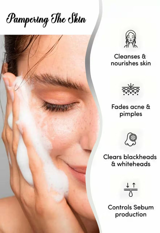 Person cleansing their face with foam, with text highlighting skin care benefits.