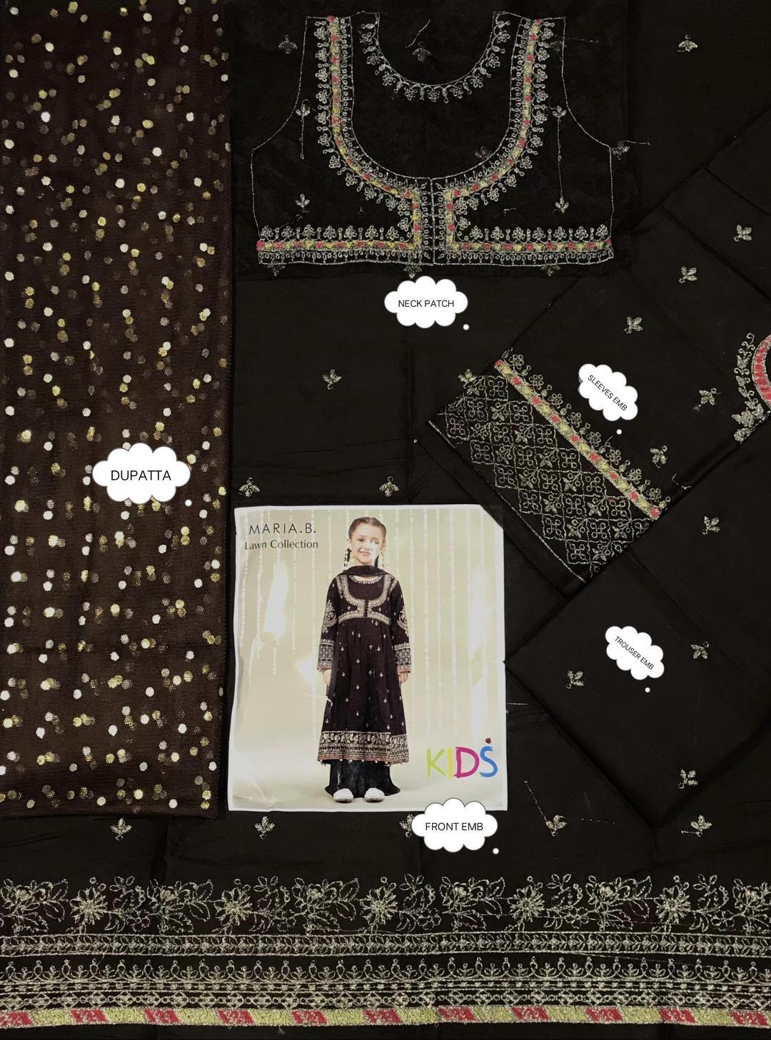 Black fabric with gold embroidery and a child model wearing the fabric.