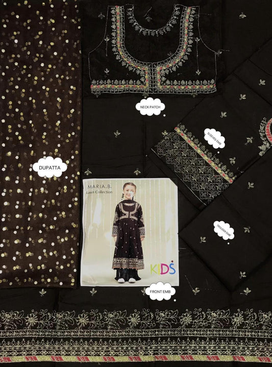 Black fabric with gold embroidery and a child model wearing the fabric.
