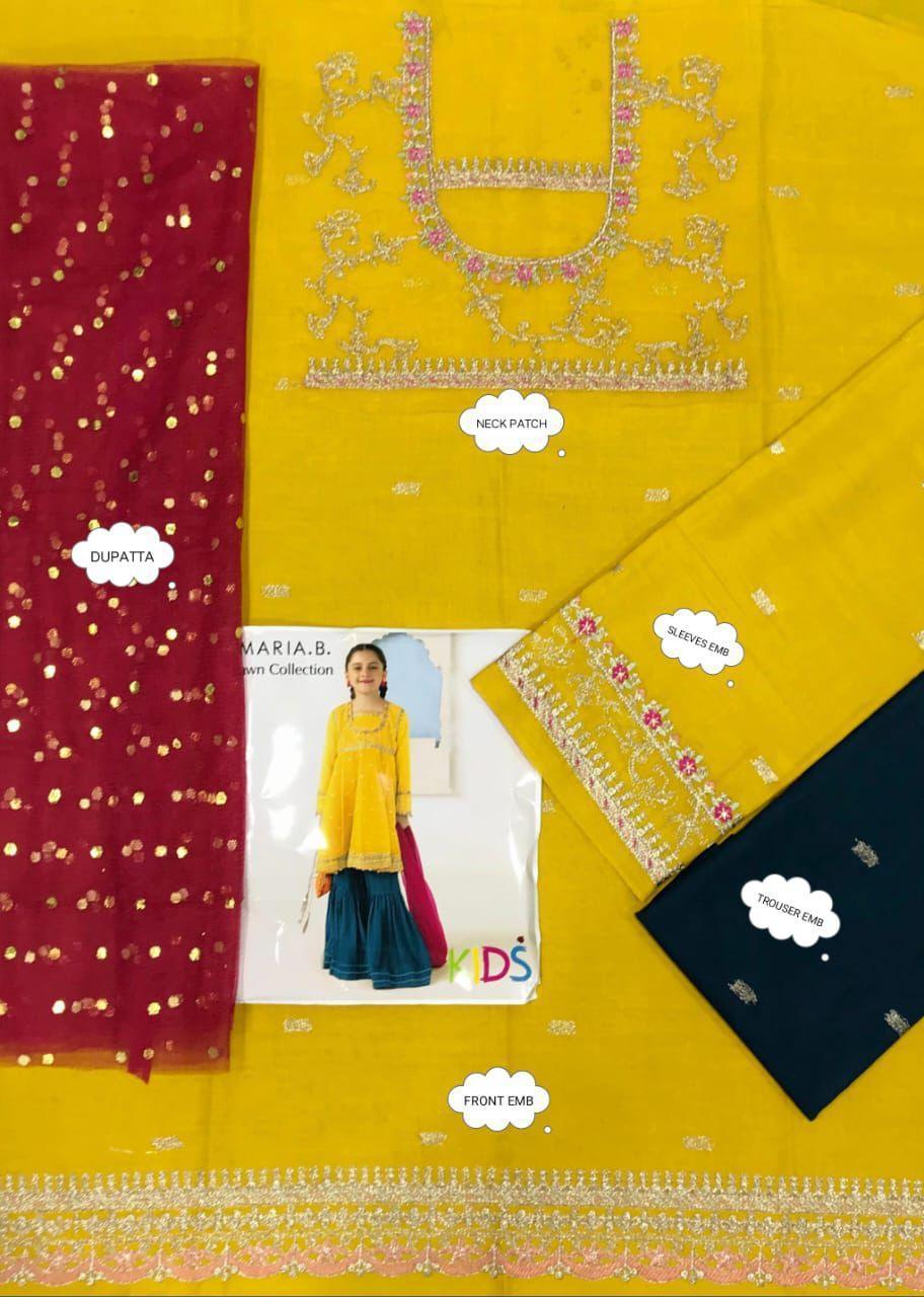 Yellow fabric with intricate patterns and a model wearing a yellow outfit in the center.