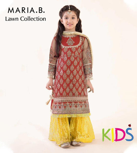 Young girl wearing a red and yellow traditional outfit with 'Maria B' branding on a white background.