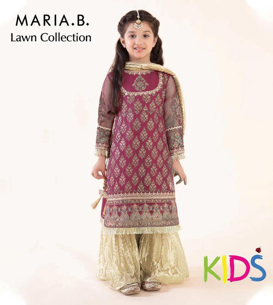 Young girl wearing a maroon and gold traditional outfit with 'Maria B' branding on a white background.