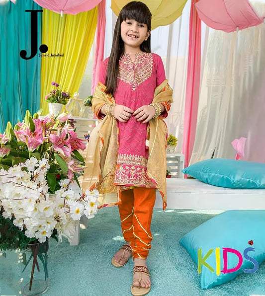 Young girl in a pink and orange outfit with floral decorations and colorful curtains.
