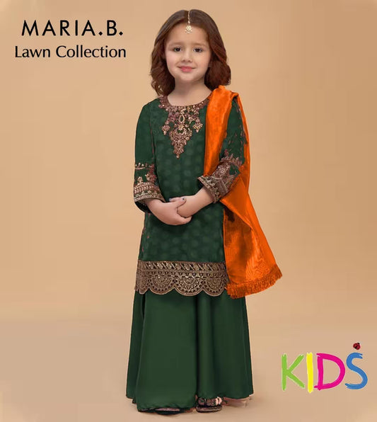 Young girl wearing a green embroidered outfit with an orange dupatta on a beige background, branded as Maria B Kids.