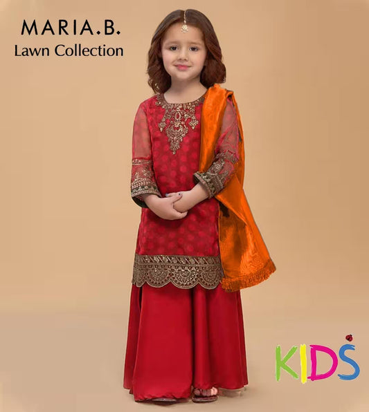 Young girl wearing a red and orange Maria.B. outfit on a beige background