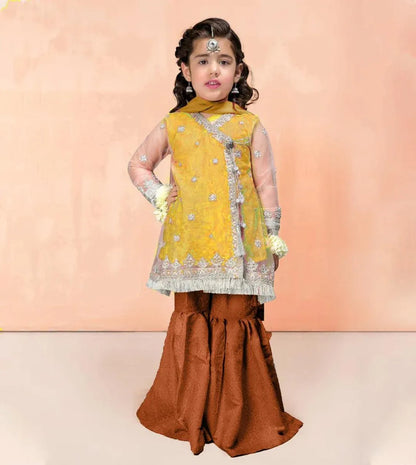 Young girl in a yellow and brown traditional outfit against a pink background