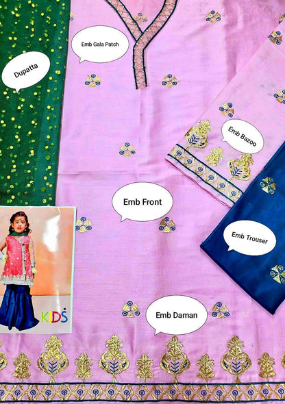 Pink embroidered outfit with labeled parts on a pink background