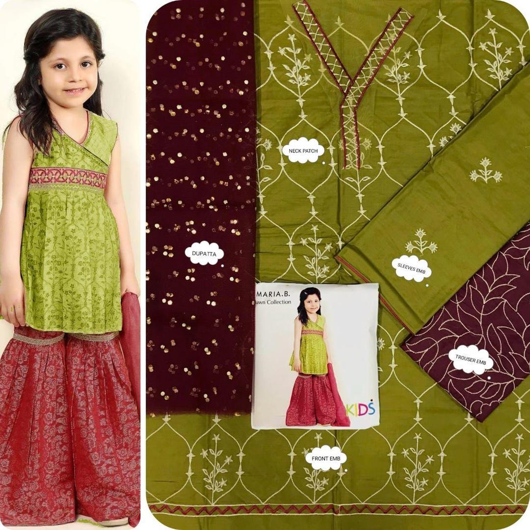 Green and red traditional outfit with fabric swatches and a model wearing the outfit.