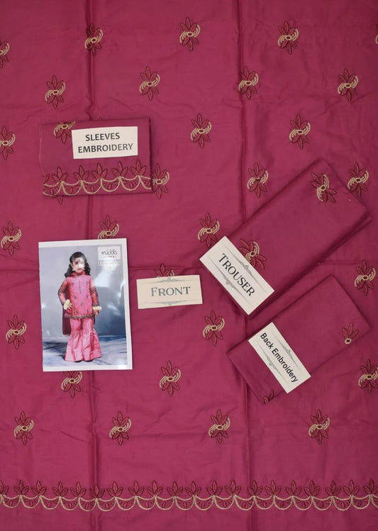 Pink fabric with embroidery details and a child model wearing pink outfit on a matching fabric background.