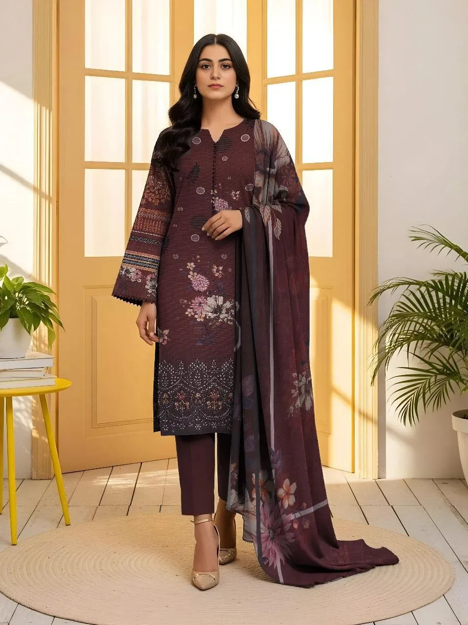 Woman wearing a dark purple embroidered outfit with a matching dupatta in a bright room.