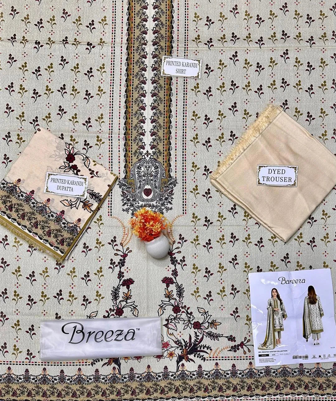 Off White Karandi Unstitched Printed Suit - 3 Pcs Complete Set with Dupatta | Premium Quality