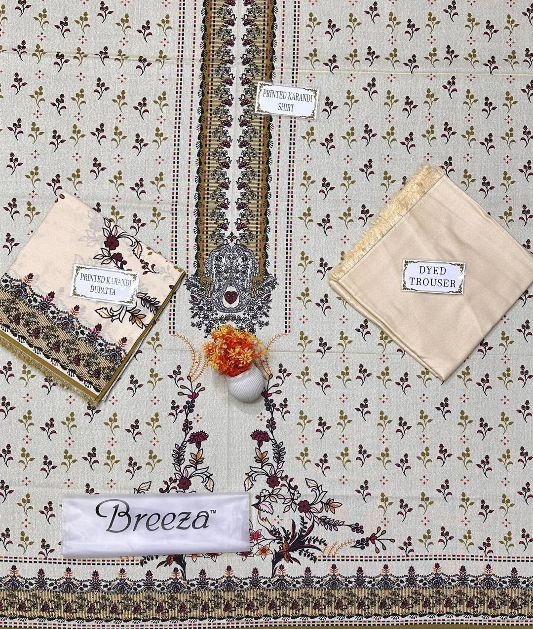 Off White Karandi Unstitched Printed Suit - 3 Pcs Complete Set with Dupatta | Premium Quality