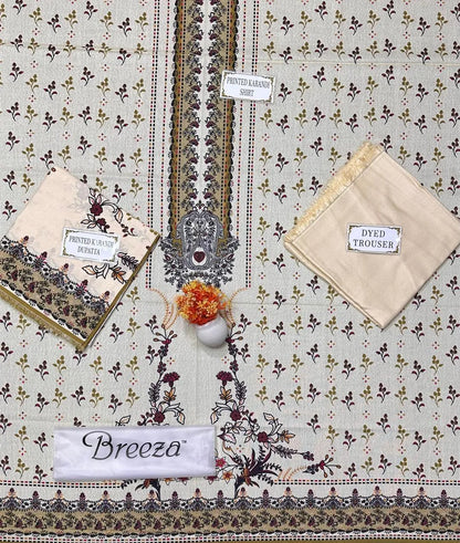 Off White Karandi Unstitched Printed Suit - 3 Pcs Complete Set with Dupatta | Premium Quality