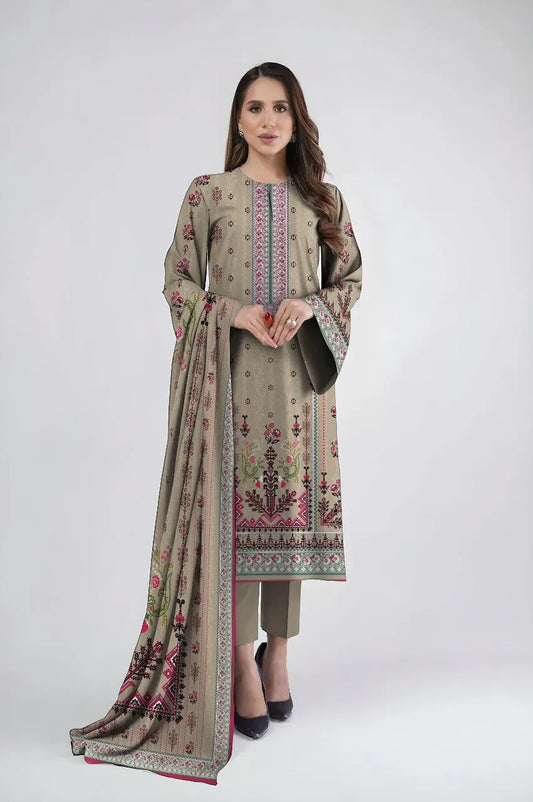 3 Pcs Karandi Printed Suit - Off White | Premium Winter Collection