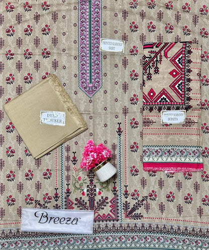 3 Pcs Karandi Printed Suit - Off White | Premium Winter Collection