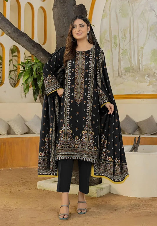 3 Pcs Khaddar Printed Suit - Black | Unstitched Winter Collection
