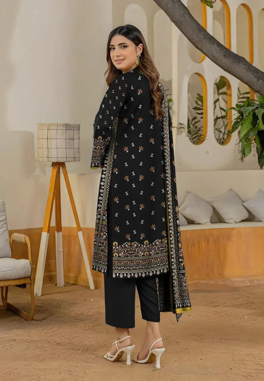 3 Pcs Khaddar Printed Suit - Black | Unstitched Winter Collection