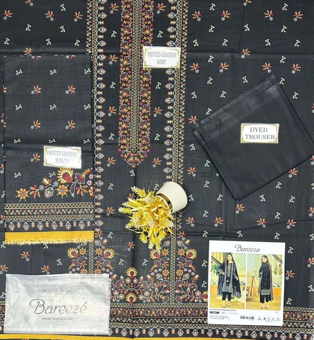 3 Pcs Khaddar Printed Suit - Black | Unstitched Winter Collection