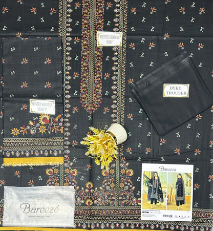 3 Pcs Khaddar Printed Suit - Black | Unstitched Winter Collection