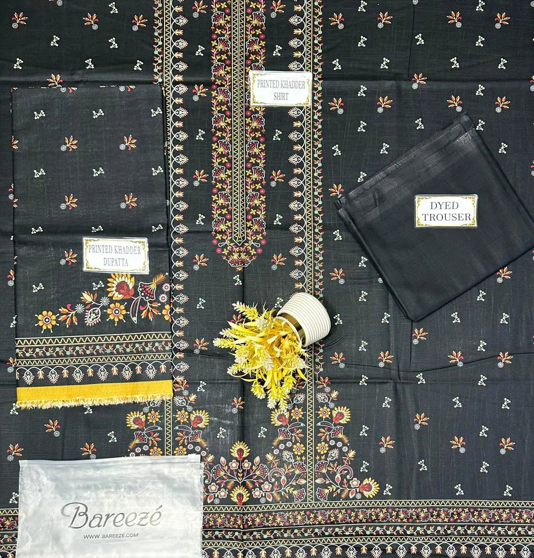 3 Pcs Khaddar Printed Suit - Black | Unstitched Winter Collection