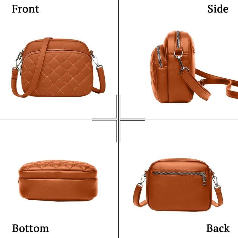Brown quilted handbag shown from front, side, bottom, and back perspectives on a white background.