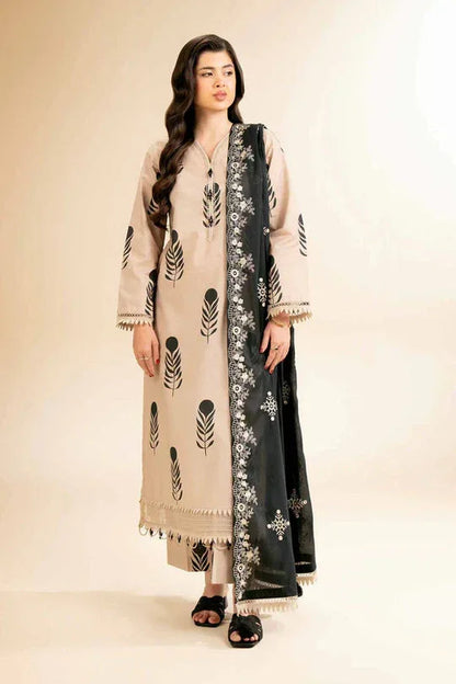 Woman wearing a traditional outfit with a beige and black patterned dupatta on a beige background