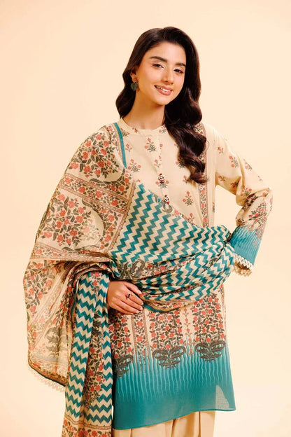 Elegant Printed Dobby Lawn Suit Set – 3 Pcs | Off White