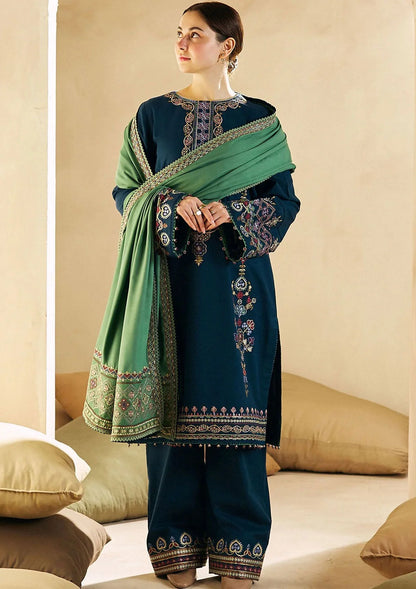 COCO by ZARA SHAHJAHAN - 3 Pcs Dhanak Embroidered Suit - Blue | Premium Winter Collection