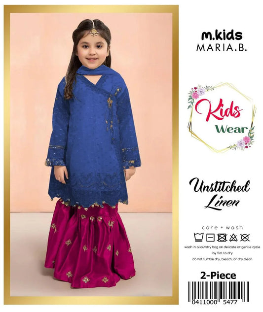 Young girl wearing a blue and pink outfit with 'm.kids MARIA.B.' branding on a pink background.