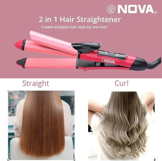 Nova 2-in-1 hair straightener with images of straight and wavy hair on a pink background.