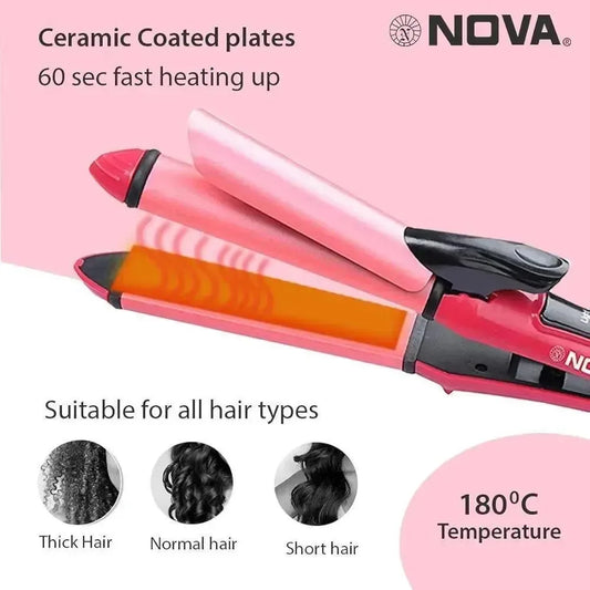 Pink hair straightener with NOVA branding on a pink background, featuring text about ceramic coated plates and temperature.