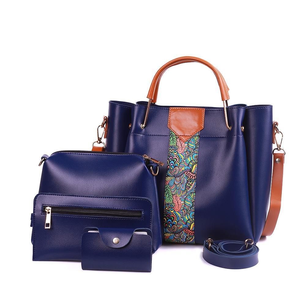 Blue handbag with a colorful strap and brown handle on a white background