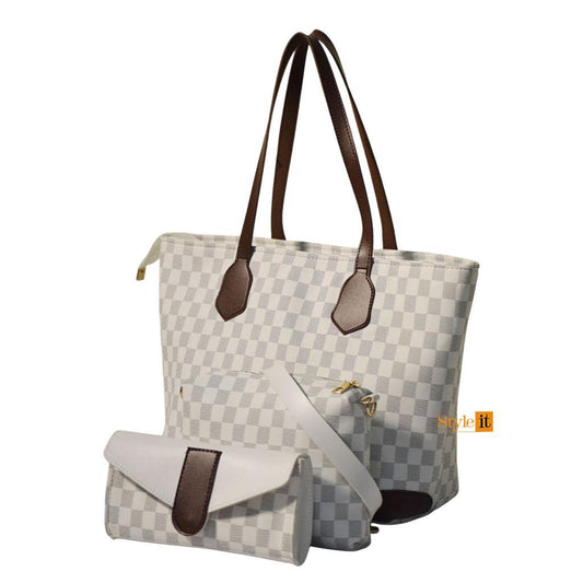 white checkered tote bag with brown handles and trim on a white background