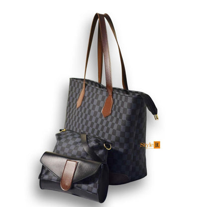Checkered handbag with brown accents on a white background